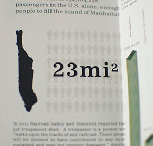 This is a detail of a statistic that states 654,104,228 people have ridden on trains last year, which could cover about 23 square miles.